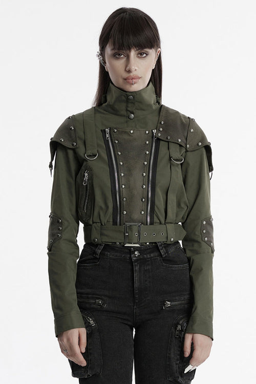 Green Stand Collar Long Sleeves Stitching Faux Leather Women's Gothic Military Jacket