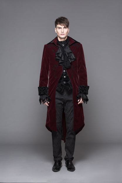 Red Party Fake Two Pieces Velvet Mens Gothic Long Coat