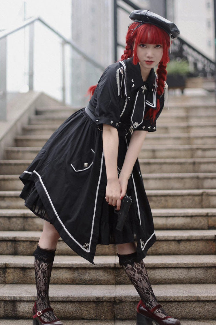 Black [Sunset Universe] Short Sleeves Cardigan Lace Gothic Military Handsome Lolita Dress Full Set