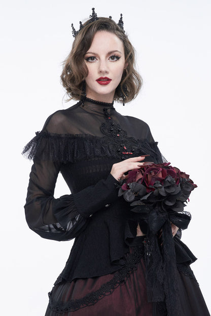 Black Retro Perspective Sexy Turtleneck Lace Panel Mesh Lantern Sleeve Women's Gothic T-Shirt