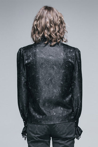 Black Shining Rose Print Lace Cuff Mens Gothic Blouse