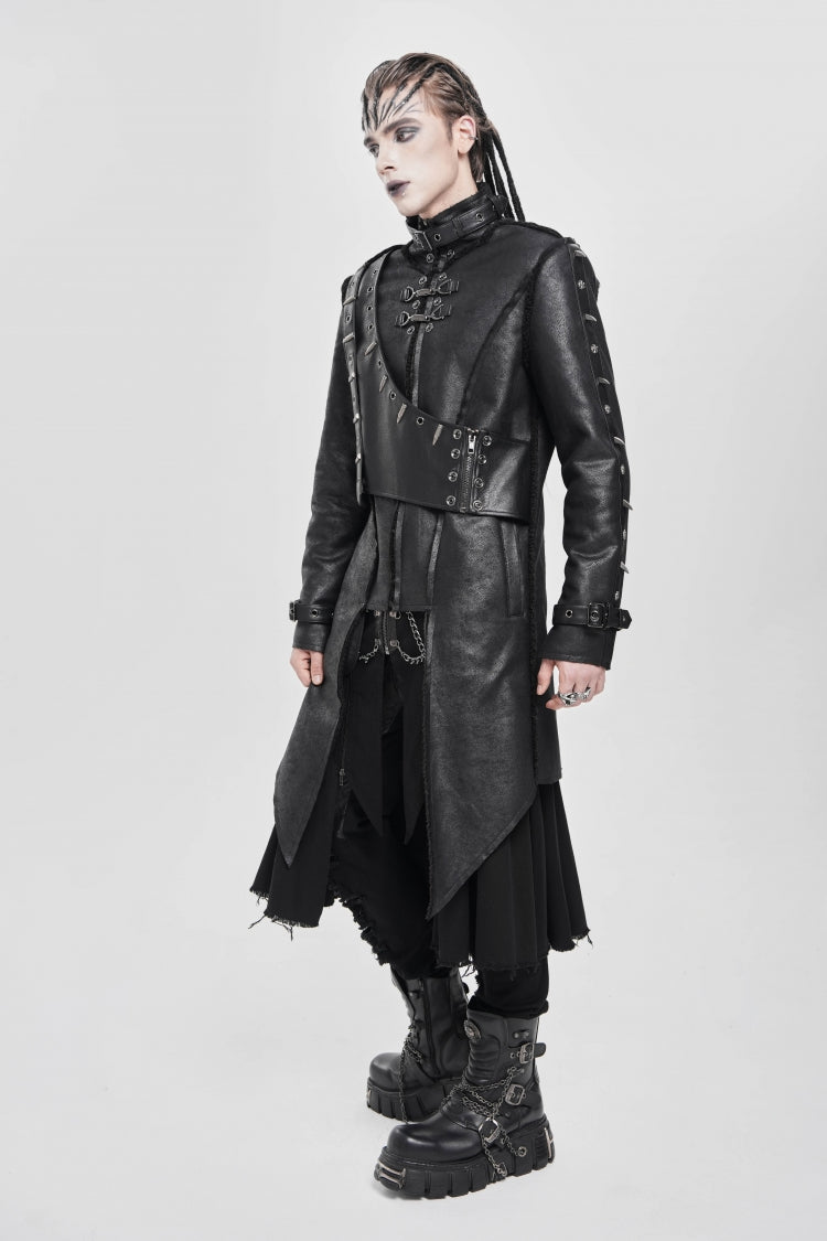 Black Stand Collar Rivet Buckle Zipper Men's Punk Coat
