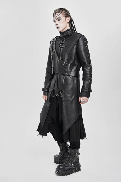 Black Stand Collar Rivet Buckle Zipper Men's Punk Coat
