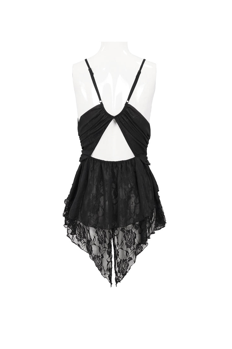 Black Sheer Striped Chiffon Paneled Lace And Metal Chain Trim Women's Punk Fun Dress