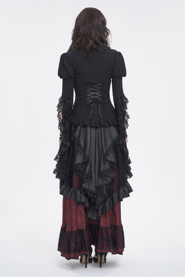 Black Stand Collar Trumpet Sleeves Ruffle Embroidery Lace Women's Gothic Blouse