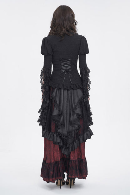 Black Stand Collar Trumpet Sleeves Ruffle Embroidery Lace Women's Gothic Blouse