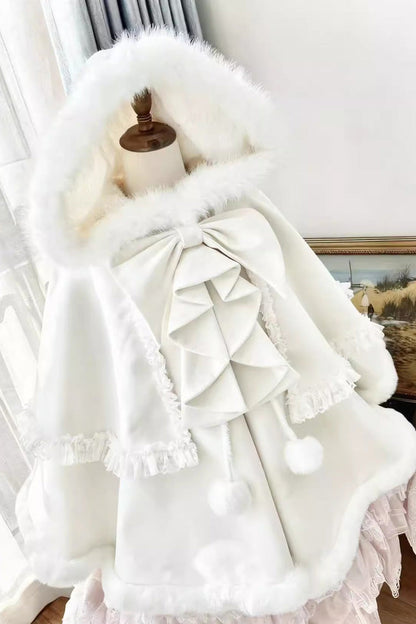 [Velvet Butterfly] Ruffle Bowknot Lace Hooded Sweet Lolita Dress Cloak Coat 4 Colors