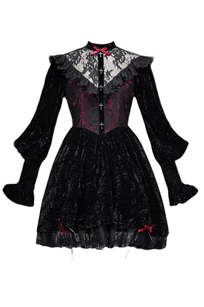 Black/Red [Rose Cemetery] Long Puff Sleeves Hollow Lace Gothic Lolita Dress