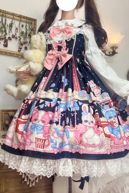 Black/Pink Doll Playground Print Ruffle Bowknot Sweet Lolita Jsk Dress