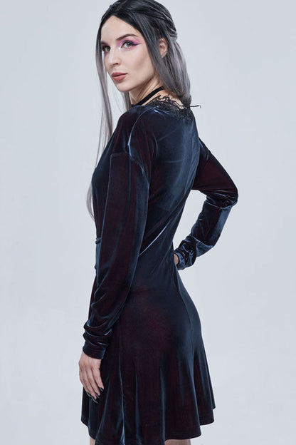 Black/Red Gothic Lace V Neck Bow-Knot Frenulum Velvet Long Sleeve Women's Dress