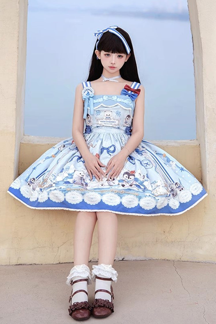 Blue [Penguin Navy] Print Ruffle Bowknot Sweet Princess Lolita Jsk Dress