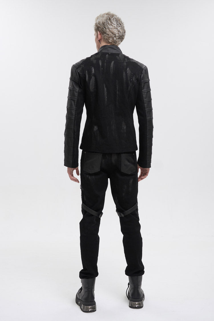 Black Stand Collar Stretch Faux Leather Twill Woven Men's Punk Jacket
