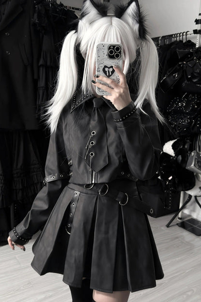 Black [Eternal Night of Bones] Lapel Collar Long Sleeves Studded Eyelet Gothic Jirai Kei Japanese Handsome Top and Skirt Set