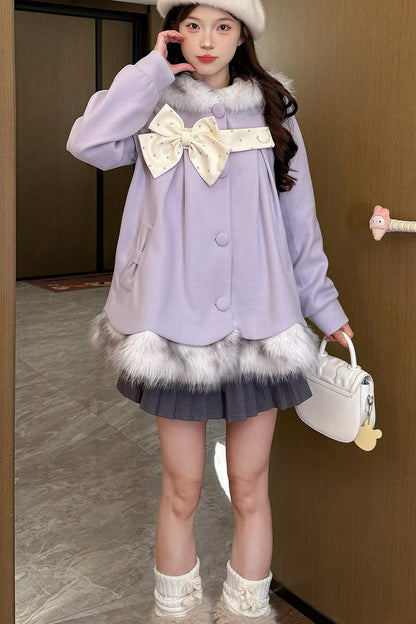 Purple Long Sleeves Plush-Trim Polka Dot Printed Bow Hooded Sweet Lolita Coat