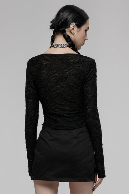 Black V Collar Long Sleeves Hollow Slim Women's Punk Blouse