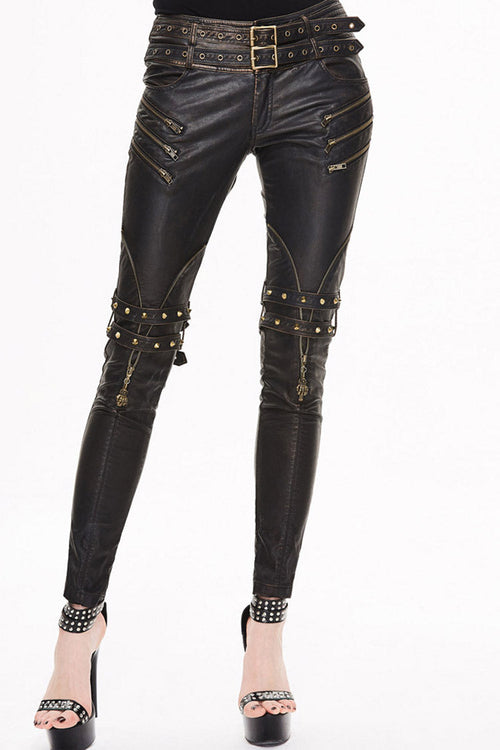 Brown Leather Metal Eyelets Belt Metal Buckle Leg Loop Hand-Rubbed Women's Punk Pants