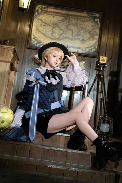 White/Grey/Blue [Age of Machines] Bow Asymmetric Punk Prince Ouji Lolita Shorts Vest Cloak Set