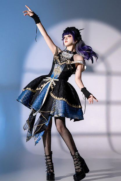 Black/Blue [Universe] Off Shoulder Halterneck Sleeveless Print Embroidery Cardigan Gothic Princess Lolita Dress