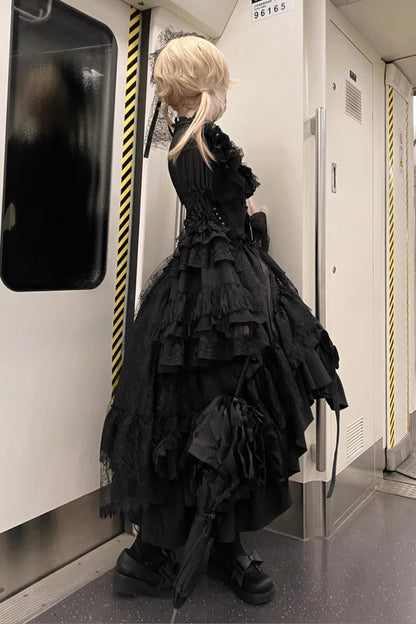Black [Eternal Taboo] Long Hime Sleeves Ruffled Bow Gothic Lolita Skirt Dress Set