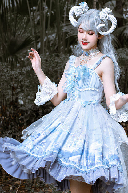 Blue Ruffled Stitching Seam 3D Print Sweet Lolita JSK Dress