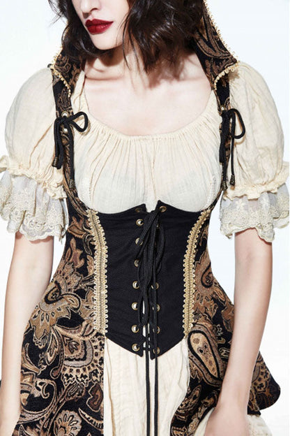 Brown Paisley Print Jacquard Bare Breast Lace Up Gothic Corset