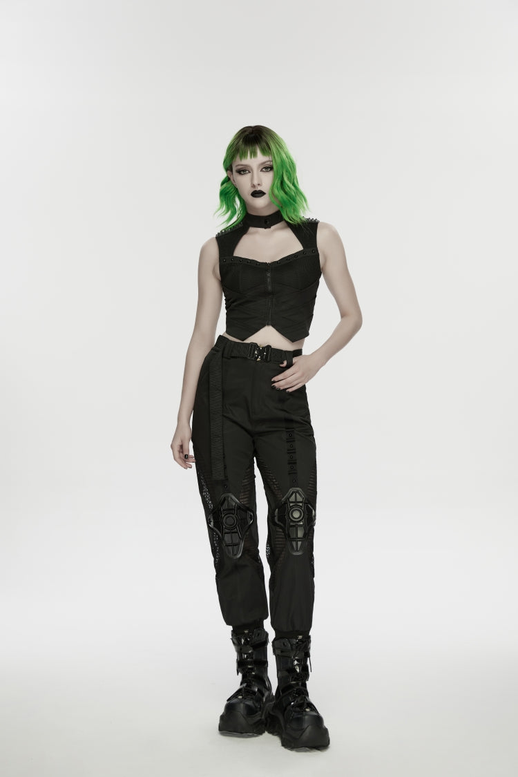 Black Women's Punk Handsome Buckle-up Studded Mesh Cargo Pants
