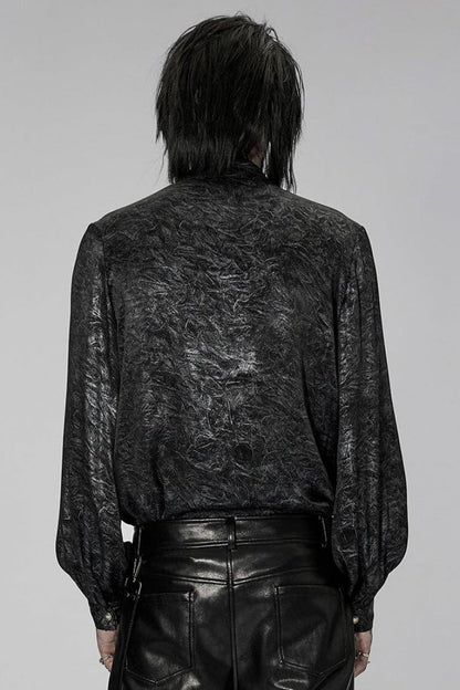 Black/Silver Stand Collar Long Puff Sleeves Print Lace-Up Metal Decoration Mens Gothic Blouse