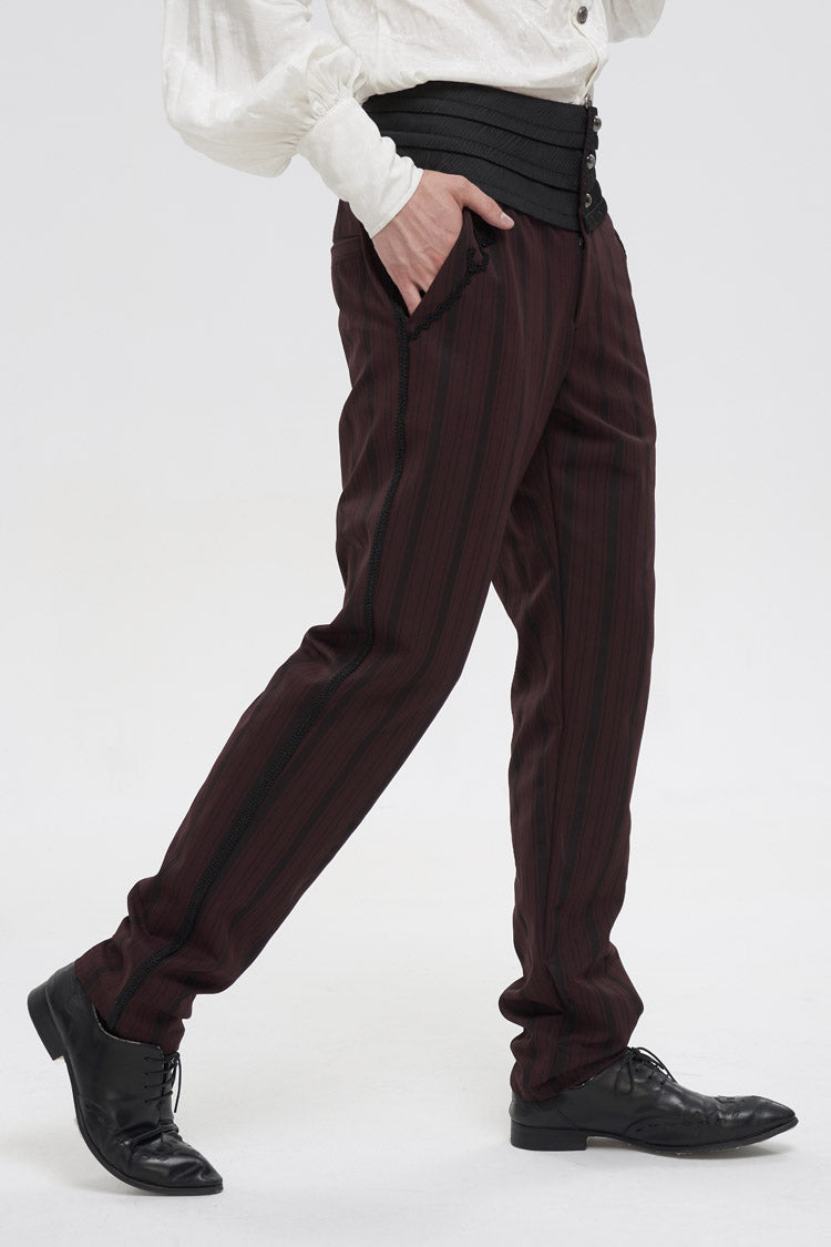 Red Retro Mid High Waist Micro Elastic Striped Woven Stitching Three Dimensional Jacquard Men's Gothic Trousers