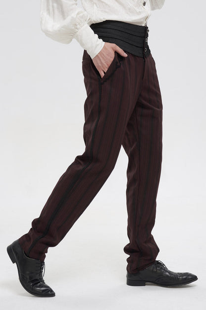 Red Retro Mid High Waist Micro Elastic Striped Woven Stitching Three Dimensional Jacquard Men's Gothic Trousers