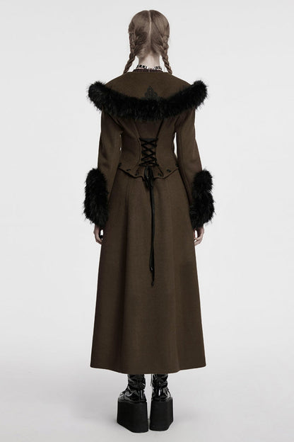 Coffee Long Sleeves Faux Fur Stitching Lace-Up Detachable Women's Gothic Coat