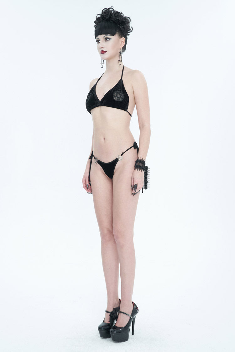Black Velvet Stretch Sexy Cutout Pentagram Women's Gothic Swimsuit Set