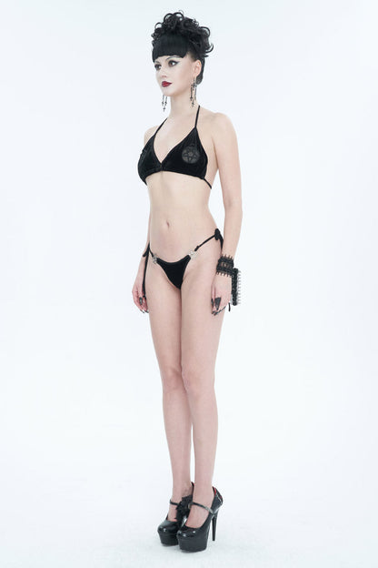 Black Velvet Stretch Sexy Cutout Pentagram Women's Gothic Swimsuit Set