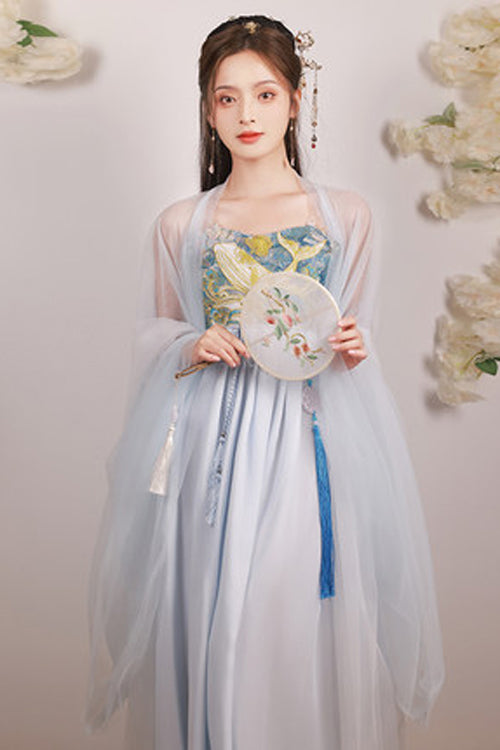 Blue Chinese Style Song Dynasty Fairy Long Embroidered Sweet Hanfu Dress Full Set