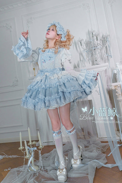 Blue [Whale] Lapel Collar Short Sleeves Triple-Layered Ruffle Embroidery Sweet Lolita Dress