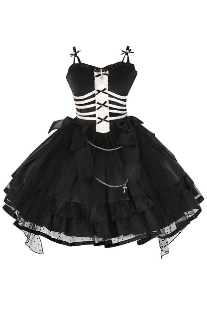 Black Prisoner Illusion Long Sleeves Multi-layer Ruffle Bowknot Gothic Princess Lolita Jsk Dress