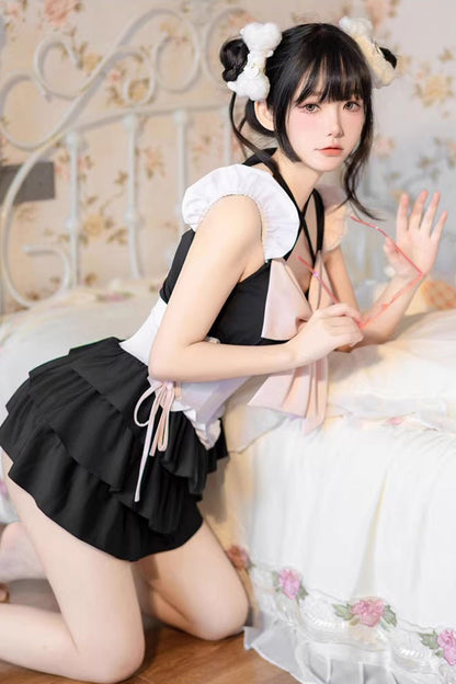Black/Pink Summer Sweetheart Triple-Layered Ruffled Bow Sweet Lolita Bubble Swimsuit