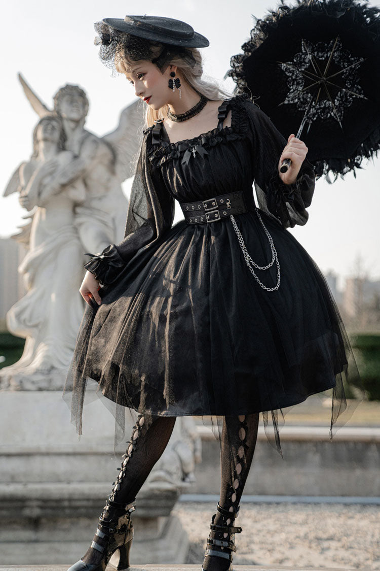 Black Square Collar Metal Chain Organza Stitching Gothic Lolita OP Dress (Short Version)