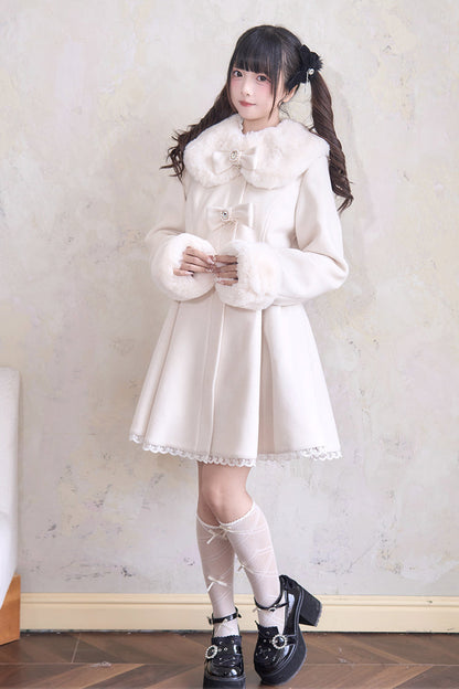 Sweet Plush Collar Waist-cinched Long Sleeves Bowknot Lace Japanese Lolita Coat 4 Colors