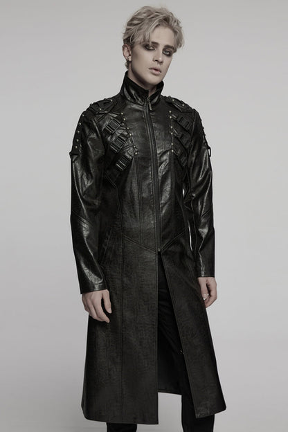 Black Stand Collar Long Sleeves Faux Leather Buckle Men's Punk Coat