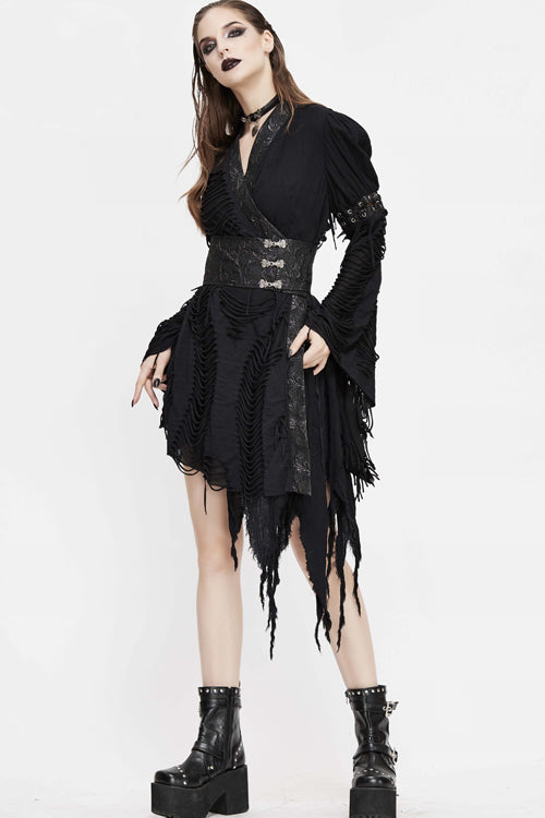 Black Punk Asymmetric Mesh Unedged Womens Dress With Belt