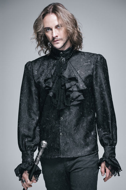 Black Shining Rose Print Lace Cuff Mens Gothic Blouse