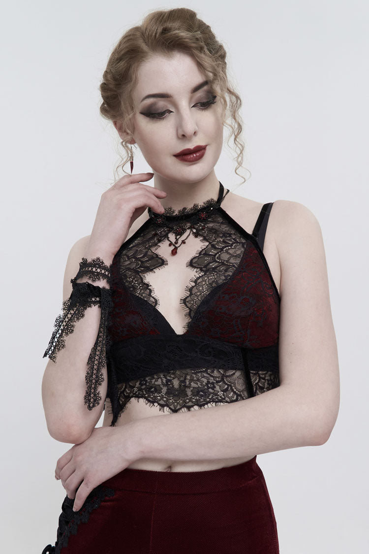 Red Velvet Chest Cutout Lace Hidden Side Zipper Sexy Women's Gothic Halter Lingerie