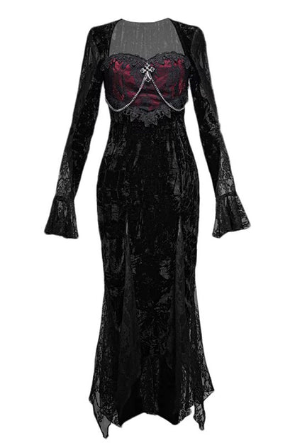 Black/Red [Rose Cemetery] Long Sleeves Lace Slim Gothic Lolita Fishtail Dress
