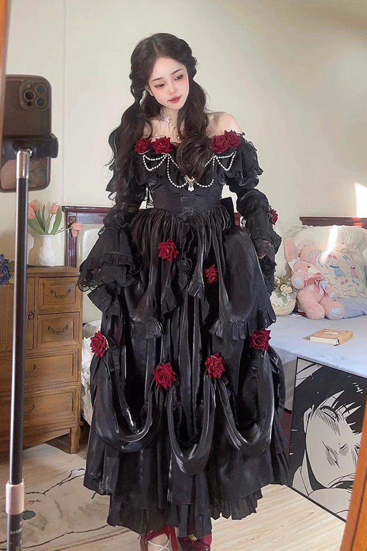 Black Tana Manor Rose Flower Long Sleeves Ruffle Bowknot Elegant Gothic Princess Lolita Strapless Dress