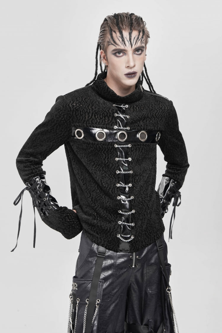 Black Stand Collar Long Sleeves Faux Leather Stitching Chain Eyelet Men's Punk Blouse