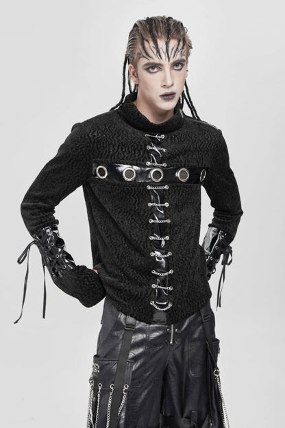 Black Stand Collar Long Sleeves Faux Leather Stitching Chain Eyelet Men's Punk Blouse