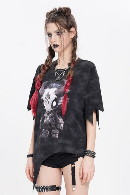 Black Short Sleeves Hitt Print Irregular Women's Punk T-Shirt