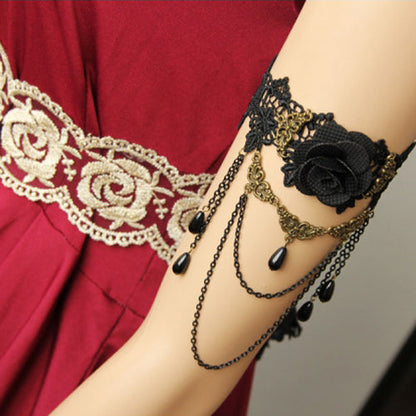 Black Vintage Bride Wedding Rose Flower Lace Pearl Metal Gothic Lolita Armband Bracelet