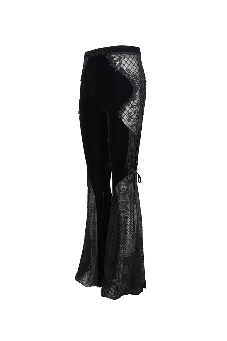 Black Translucent Velvet Jacquard Sexy Panel Lace-Up Plaid Flared Gothic Women's Pants