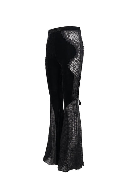 Black Translucent Velvet Jacquard Sexy Panel Lace-Up Plaid Flared Gothic Women's Pants